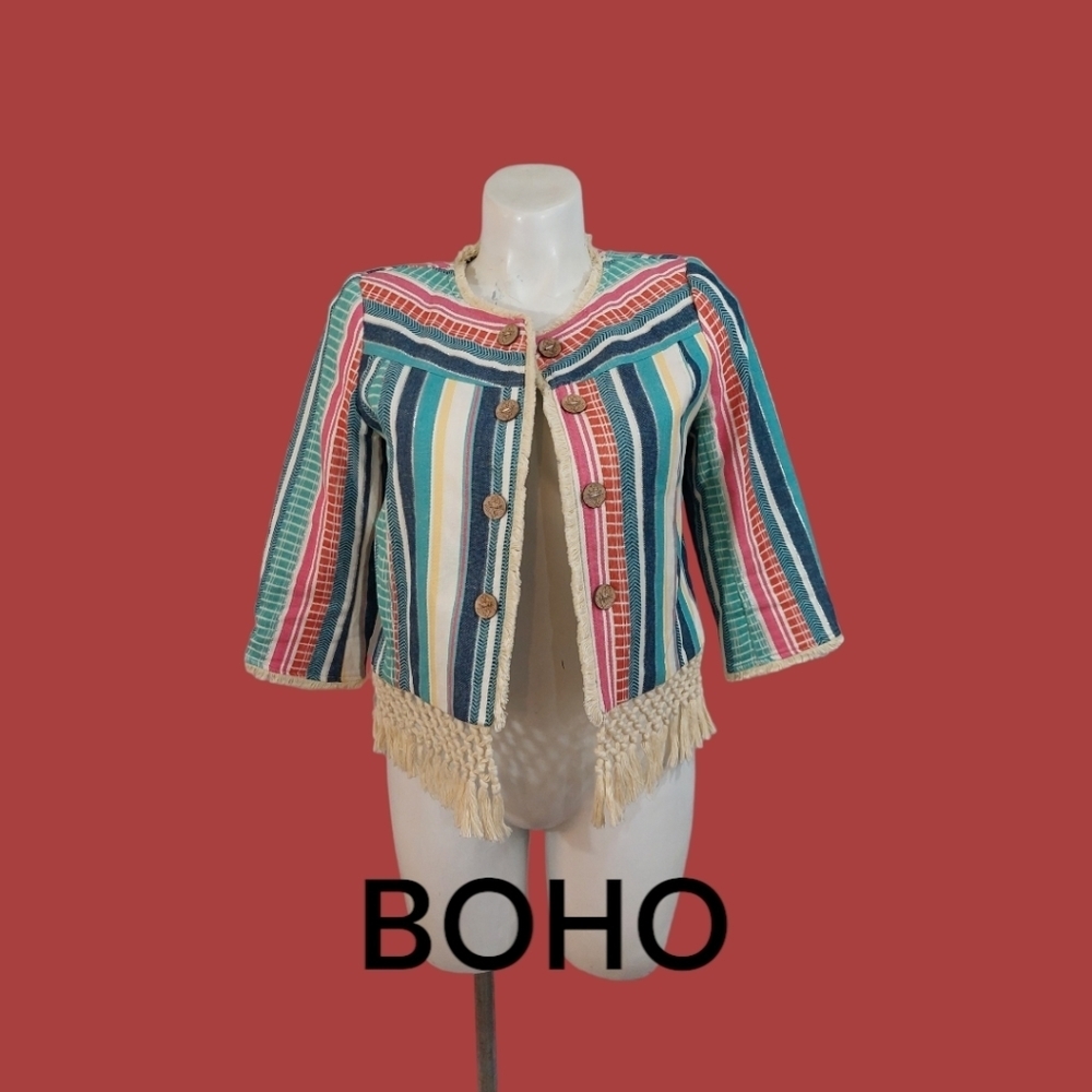 Multiples Striped Patchwork Blazer Boho Hippie Ch… - image 1